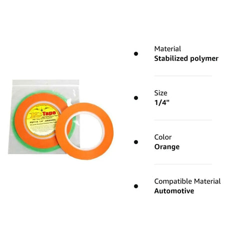 Pro Grade Fine Line Tape Half Inch Orange Masking Tape For Precise Paint Edges And Auto Detailing, visible packaging and tape roll.