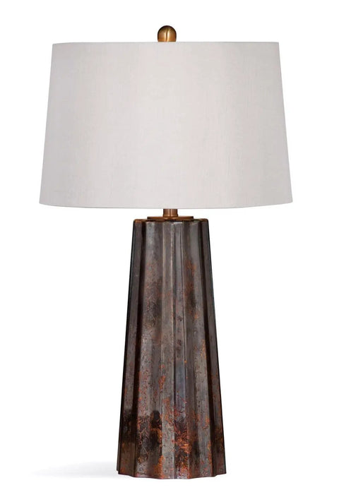 Fluted Obelisk Copper Mercury Glass Table Lamp With Weathered Industrial Finish shown on a white background