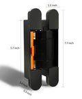 Three Pack Heavy Duty Solid Brass Invisible Hydraulic Door Hinges That Soft Close Like Butter And Require Zero Sweat Mortise Setup For Stealthy Matte Black 180 Degree Swings Handling Tough Daily Workloads with dimensions shown.