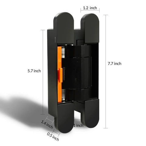 Three Pack Heavy Duty Solid Brass Invisible Hydraulic Door Hinges That Soft Close Like Butter And Require Zero Sweat Mortise Setup For Stealthy Matte Black 180 Degree Swings Handling Tough Daily Workloads with dimensions shown.