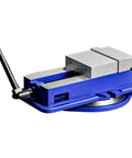 Heavy Duty Six Inch Angle Vise With Badass Portable Design And 360 Degree Swivel Base For Precision Milling Workbenches showing blue steel construction with swivel base.