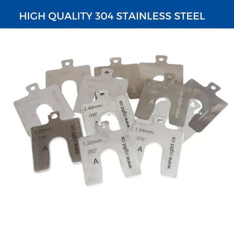 Stainless Steel Slotted Shim Replacement Kit 2 By 2 Inch Pack Of 20 Shims With Thicknesses From 0.001 To 0.125 Inches For Precise Adjustments Pro Grade Heavy Duty Rust Resistant 304 Grade Steel displayed in a set with visible thickness markings.