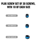 30 Piece Plug Screw Set With 6-48, 8-40 And 10-32 Screws In Black Oxidized Steel displayed with sizes and dimensions