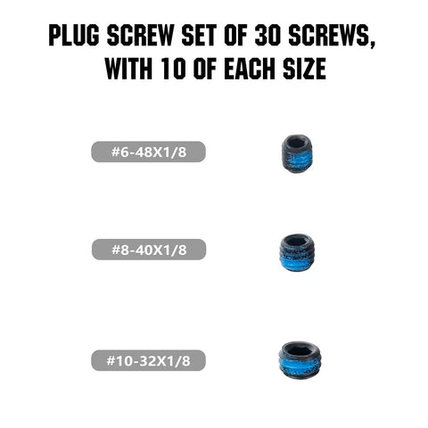 30 Piece Plug Screw Set With 6-48, 8-40 And 10-32 Screws In Black Oxidized Steel displayed with sizes and dimensions