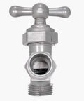 Pro Level Celcon Hose Bibb With 3/4 Inch Male Pipe Connection For Outdoor Irrigation And Garden Hoses. Front view, silver finish.