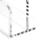 Close-up of acrylic desk file organizer with mail tray corner for home office and studio space saving document storage unit.