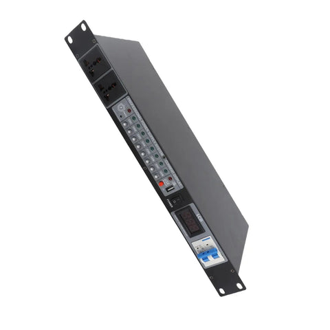 Keep Your Stage Gear Protected With This Rack Mount Power Sequencer Featuring A Slick Digital Display 10 Outlets Us Plug For Pa Systems Dj Rigs That Roll Smooth And Stay Rock Solid, angled view showing 10 outlet ports.