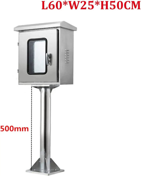 Outdoor IP67 Waterproof Electrical Junction Box In Stainless Steel Floor Mounted Enclosure For Outdoor Projects, Rugged 50cm Height Distribution Box, Dimensions L60 W25 H50cm, front view