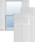 10 And Three Quarter Inch Wide By 35 Inch Tall True Fit PVC Two Board Joined Board And Batten Window Shutters White Per Pair Hardware Not Included Weather Resistant For Easy Maintenance
