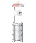 Free Standing Toilet Paper Holder With Shelf For Phone, Chrome Bathroom Storage Rack Dispenser For Four Mega Rolls
