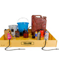 Heavy Duty Secondary Containment Berm 4ft By 4ft By 6in With Thick PVC Spill Containment Tray holding various containers