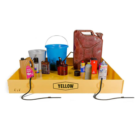 Heavy Duty Secondary Containment Berm 4ft By 4ft By 6in With Thick PVC Spill Containment Tray holding various containers