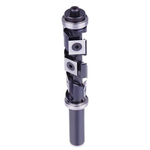 Built Tough Carbide Flush Trim Router Bit With Top And Bottom Bearings 19 Mm Diameter Half Inch Shank, showcasing a close-up detail view.