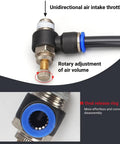Close-up of 20 Pieces Push To Connect Pneumatic Fittings M5 For 4Mm OD Tubing showing rotary air volume adjustment and unidirectional throttle.