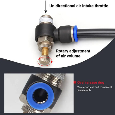 Close-up of 20 Pieces Push To Connect Pneumatic Fittings M5 For 4Mm OD Tubing showing rotary air volume adjustment and unidirectional throttle.