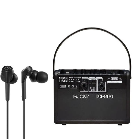 15W Portable Guitar Amp with Bluetooth, Reverb, 2 Band EQ, Distortion, AUX in, compact black design for acoustic and electric guitar.