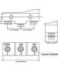 Diagram of General Purpose Micro Switch With Panel Mount Plunger, Momentary SPDT 1NO 1NC, Screw Terminals, 15A Rated, dimensions shown