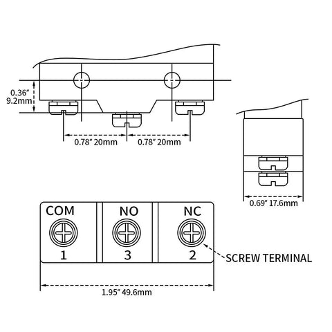 Diagram of General Purpose Micro Switch With Panel Mount Plunger, Momentary SPDT 1NO 1NC, Screw Terminals, 15A Rated, dimensions shown
