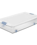 No Hassle Clutter Crusher, Slick Locking Lids, Heavy Duty Stackable Containers For Closet And Home Organization, Roomy 56 Quart Capacity, Clear With White Tops, 12 Pack Deal, wheeled storage tub.