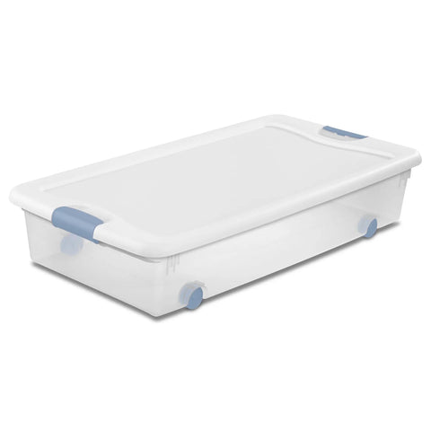 No Hassle Clutter Crusher, Slick Locking Lids, Heavy Duty Stackable Containers For Closet And Home Organization, Roomy 56 Quart Capacity, Clear With White Tops, 12 Pack Deal, wheeled storage tub.