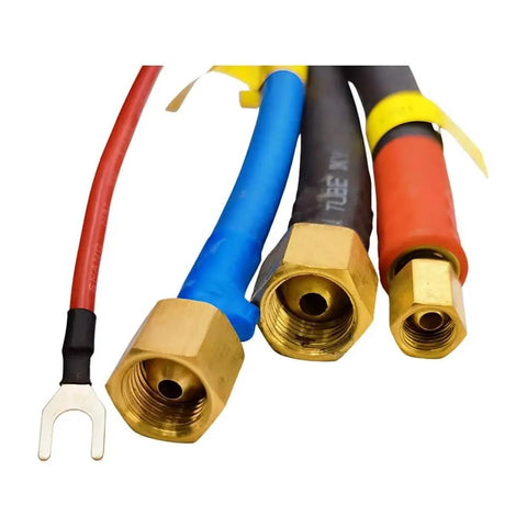 Close-up of Plasma Cutting Torch 300A Water Cooled FY-XF300H end connectors with colorful hoses