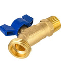 Pro Level Outdoor Spigot With One Half Inch Male Npt Inlet Plus Three Quarter Inch Male Ght Hose Bibb Fitting with blue handle.