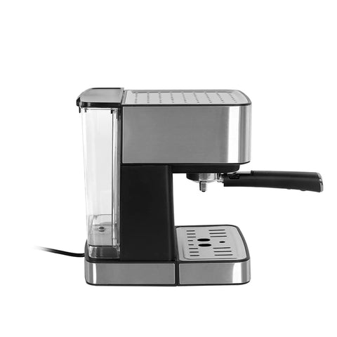 Side view of High Pressure Espresso Coffee Maker With Milk Frother Automatic Filter Fast 10 Second Brew Home Cafe Machine.
