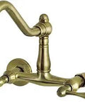 Old School Vintage Style Wall Mount Kitchen Faucet In Antique Brass Finish with Dual Handles and Victorian Swivel Spout
