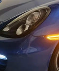 GT RS Style Raised 3D Smoked Lens Amber Full LED Front Side Marker Light Kit installed on blue Porsche