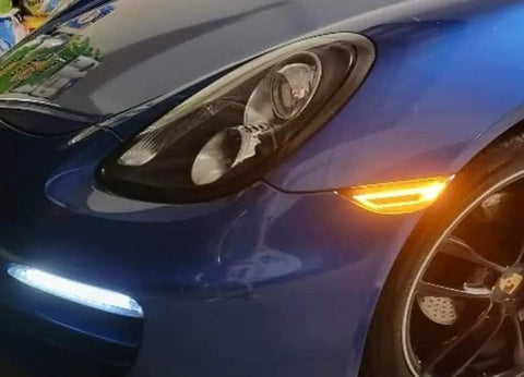GT RS Style Raised 3D Smoked Lens Amber Full LED Front Side Marker Light Kit installed on blue Porsche