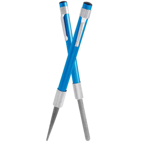 Two Pack Retractable Diamond Serrated Knife Sharpener For Kitchen Outdoor Cooking Camping Fishing And Hunting Grit Proof And Pocket Ready Kit displayed in blue with silver accents.