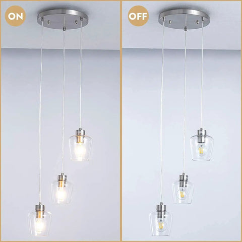 Three Light Pendant Lighting With Clear Glass And Adjustable Silver Cord In Brushed Nickel for kitchen island, dining bar, on and off display.