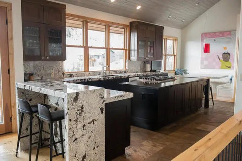 Badass Mahogany Reactive Wood Stain For Knockout Deep Warm Brown Tannin Activated Finish on kitchen cabinets with granite countertops.