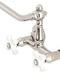 Old School Vintage Style Wall Mount Kitchen Faucet in Polished Nickel, adjustable center, classic retro look, white handles.
