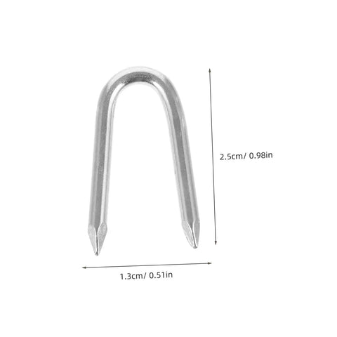 Close-up image of a U-shaped iron staple measuring 2.5cm tall, part of the 50 Pack U Shaped Fence Staples For Quick Install And Strong Hold Durable Metal Garden Stakes For Fences Landscaping And DIY Projects Multi Function Iron Pegs.