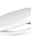 Elongated Toilet Seat With Open Front And Cover For Commercial Use Heavy Duty Industrial Grade No Slam Self Sustaining Stainless Steel Hinge Durable Non Porous Plastic Made In USA White, shown at angle.