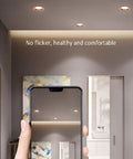 XYIANG Led Recessed Lighting with round aluminum trim showing illumination in a modern room, designed for comfort and health.