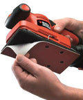 Badass Compact Electric Orbital Sander With Rugged Ergonomic Design And Turbo Spin Action To Shred Through Rough Timber and replaceable sanding pad.