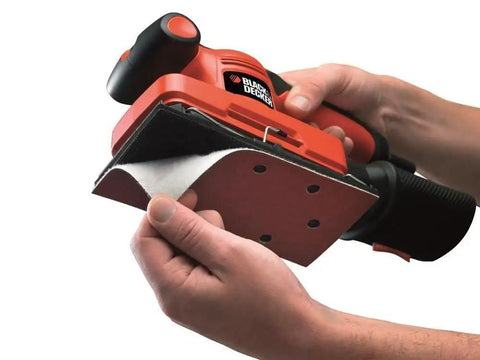 Badass Compact Electric Orbital Sander With Rugged Ergonomic Design And Turbo Spin Action To Shred Through Rough Timber and replaceable sanding pad.