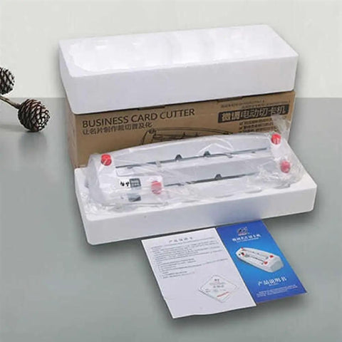 Top Shelf Electric Business Card Cutter With Automatic Trimming And Chamfer Edging For 54x90 mm Cards Including 50 Premium Matte Sheets in packaging.