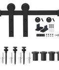 Heavy Duty Black Barn Door Hardware Kit For Five Foot Single Sliding Door Carbon Steel Track Rail J Shape Roller System Easy Install Supports Up To 277 Lbs For 35 Inch Closet Panel Wall Mounted Track Kit shown with components.