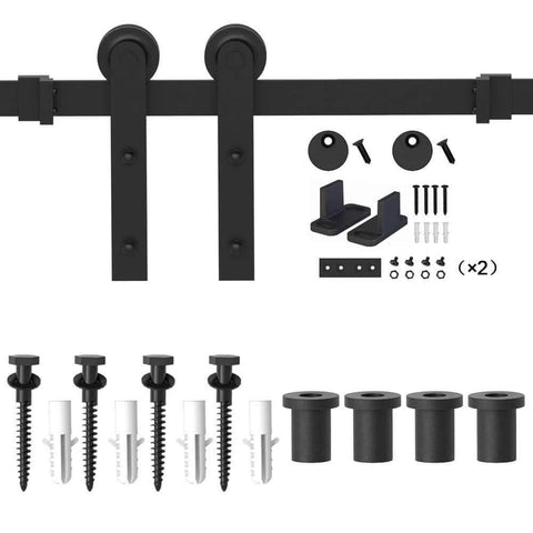 Heavy Duty Black Barn Door Hardware Kit For Five Foot Single Sliding Door Carbon Steel Track Rail J Shape Roller System Easy Install Supports Up To 277 Lbs For 35 Inch Closet Panel Wall Mounted Track Kit shown with components.