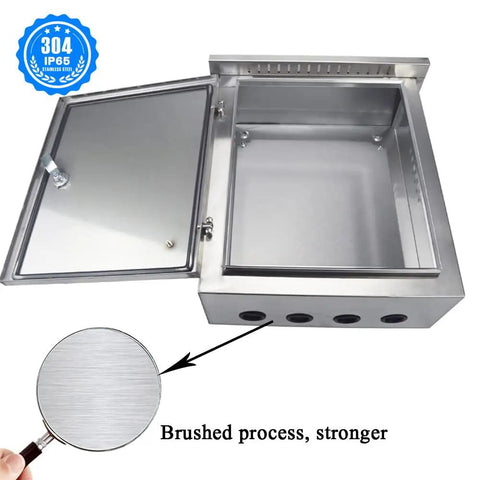 Open Outdoor Electrical Box 16 X 12 X 8 In NEMA 4X Stainless Steel Enclosure Weatherproof IP65 Junction Box with brushed finish detail