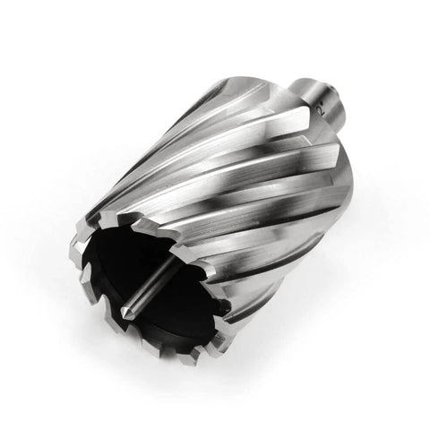 Close-up of Oscarbide 2x2 annular cutter with Weldon shank, silver steel, 2-inch cutting diameter