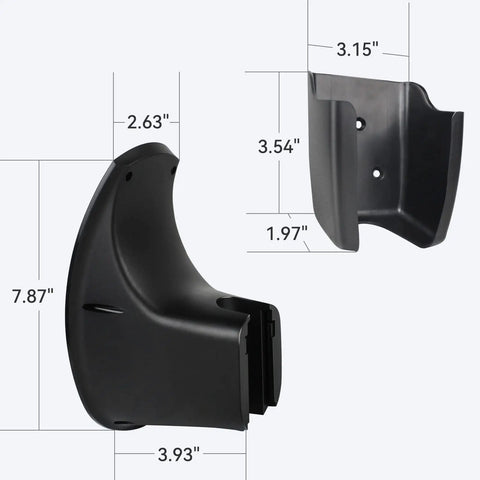 Slick Wall Mount Charging Cable Organizer For Tesla with detailed dimensions, matte black ABS plastic, for Model 3 Y S X use.