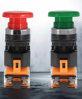 Emergency Push Button Switch With Green And Red Mushroom Head For Home And Industrial Equipment No NC 22mm Spring Return Pack Of 2 Safe E Stop Button For Machinery And Safety, front view