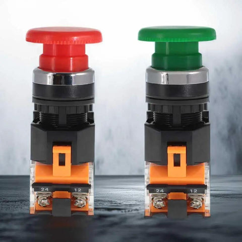Emergency Push Button Switch With Green And Red Mushroom Head For Home And Industrial Equipment No NC 22mm Spring Return Pack Of 2 Safe E Stop Button For Machinery And Safety, front view