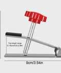 Heavy Duty Tile Lifter With Adjustable Arm Jack And Triangular Load Bearing Base shown with red knob and height measurements.