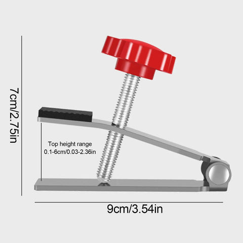Heavy Duty Tile Lifter With Adjustable Arm Jack And Triangular Load Bearing Base shown with red knob and height measurements.