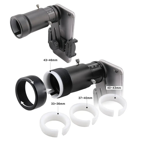SnapLock Scope Camera Adapter For Smartphone Mount with eyepiece rings, showing adjustable eye relief range from 73mm to 115mm